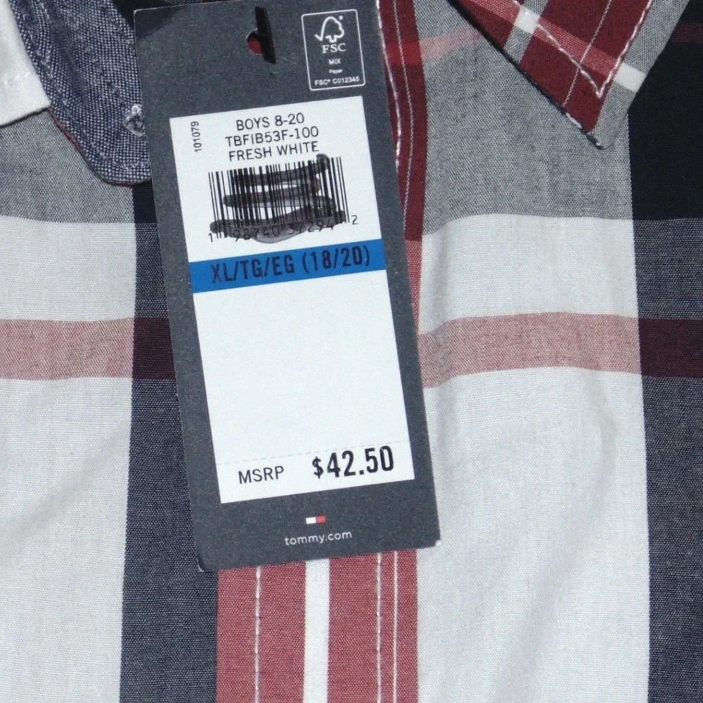 Tommy Hilfiger Plaid Button Down Boys XL 18/20 Red White Blue NWT Long Sleeve